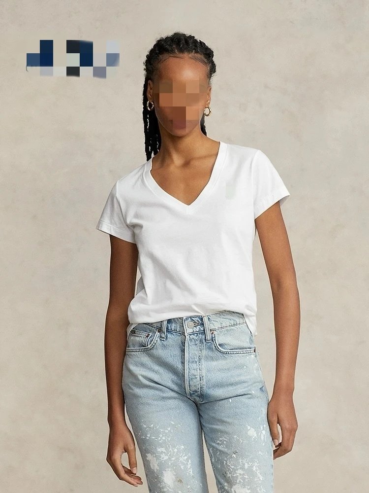 RL pure cotton v-neck t-shirt for women RL cotton v-neck solid color t-shirt women C