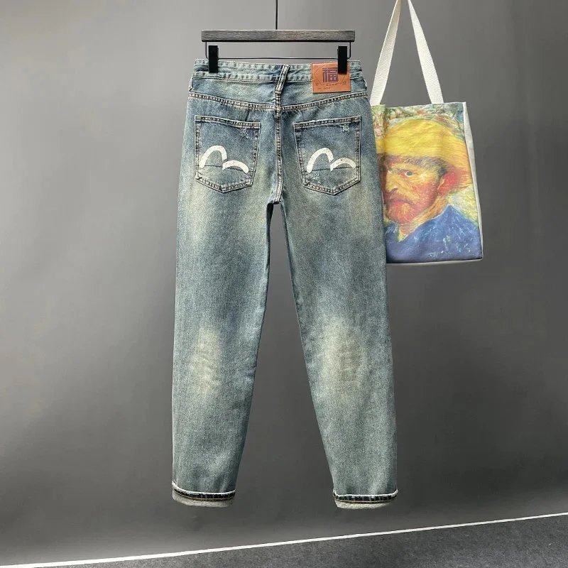 Printed jeans men’s loose light color straight fit plus size pants