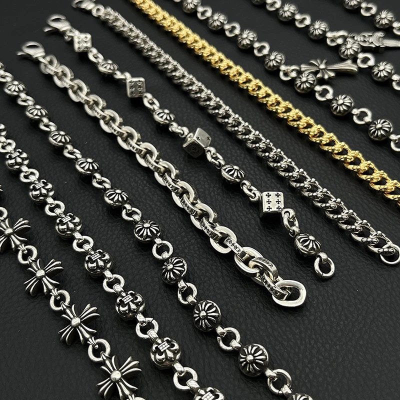 [H-25] Vintage Bold Letter Bracelet Cross Flower Ball Full Flower Gold Bracelet with Diamonds Hand Jewelry