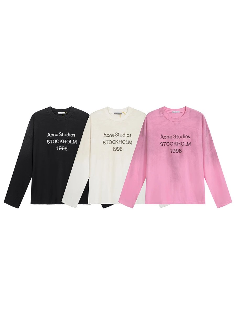 Trendy brand AC1996 washed and worn letter print high street long sleeve loose fit men’s and women’s cross border t-shirt for couples