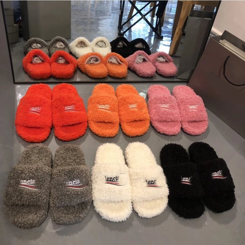 [H-07] Autumn and Winter Fur Slippers Women’s Casual Outwear Embroidered Letter Letter Couple Fur Slippers