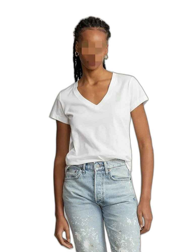 RL pure cotton v-neck t-shirt for women RL cotton v-neck solid color t-shirt women C