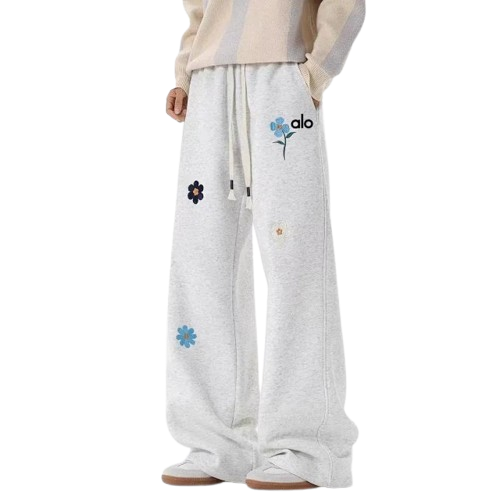 Alo Yogo American retro floral embroidery casual sweatpants men’s spring and autumn sports straight pants trendy heavy loose wide-leg pants