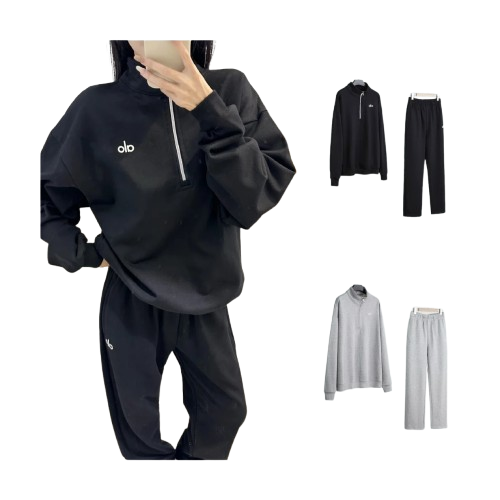“Set” Early Autumn Relaxation Code #【ins运动风套装】非原标 ALO Silicone Letter Metal Silver Three-dimensional Print Logo Half Zipper Sweatshirt Straight Sweatpants Sports Suit for Men and Women