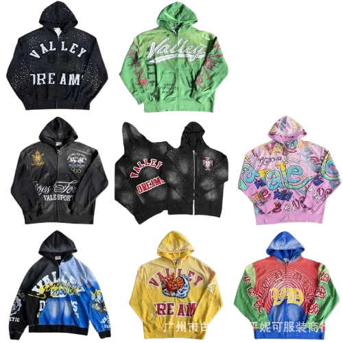 High quality European and American cross-border VALLEY Hoodie American hot diamond hooded zipper hoodie jacket sports pants