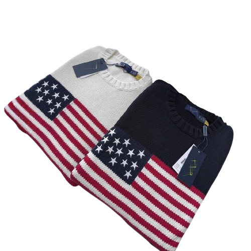 RL scannable autumn and winter new cotton heavy industry embroidery American flag round neck knitted sweater for men and women