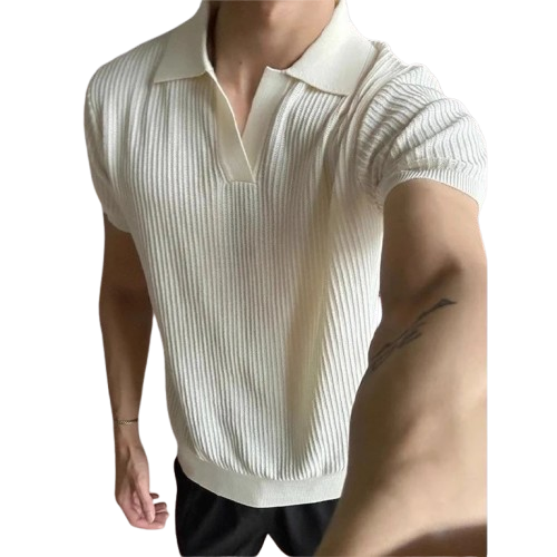 Old money style seagull v-neck knitted short sleeve men’s summer thin premium cuff polo shirt slim fit half sleeve