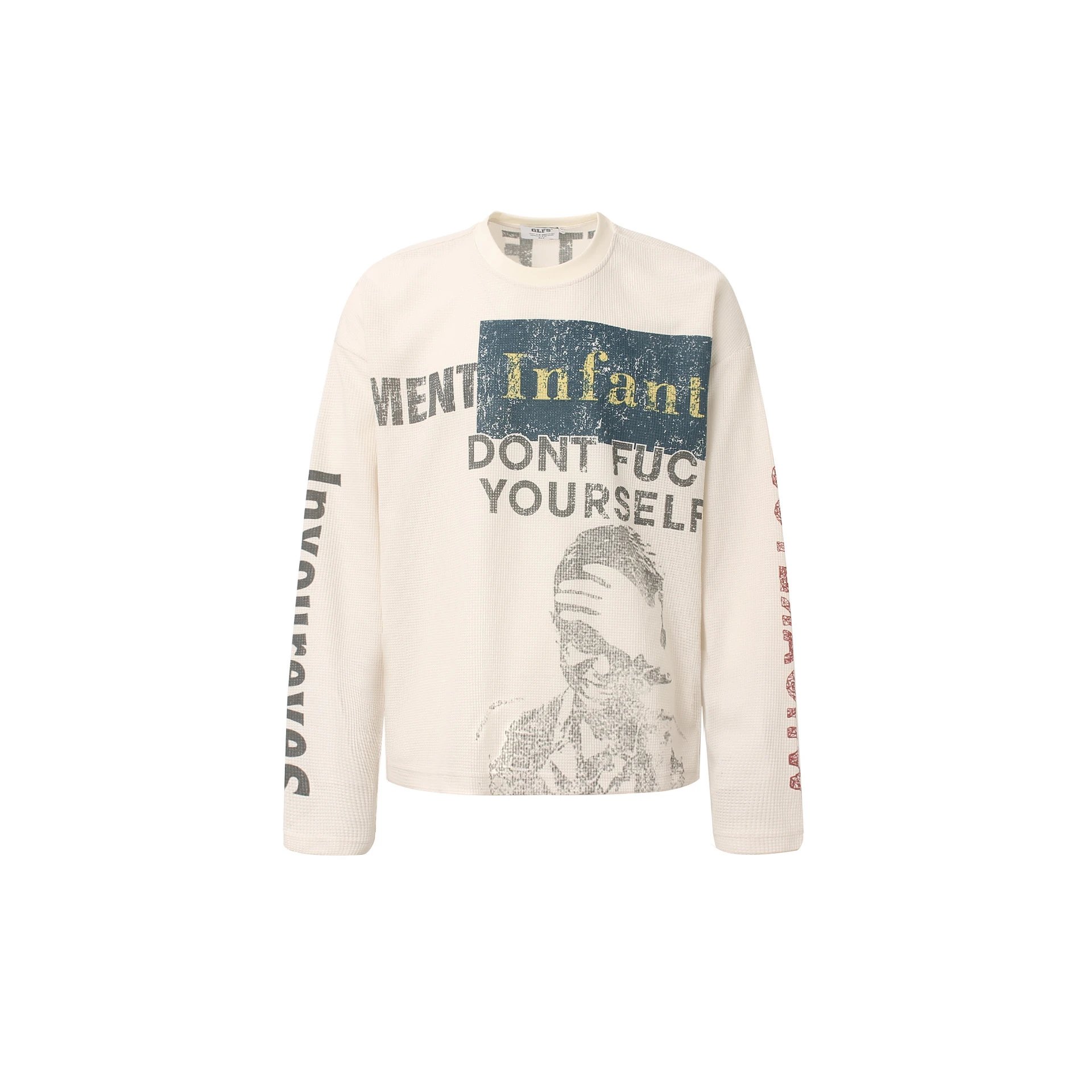 JW325 American retro street fashion men’s and women’s style character pattern design men’s waffle long sleeve t-shirt beige cotton