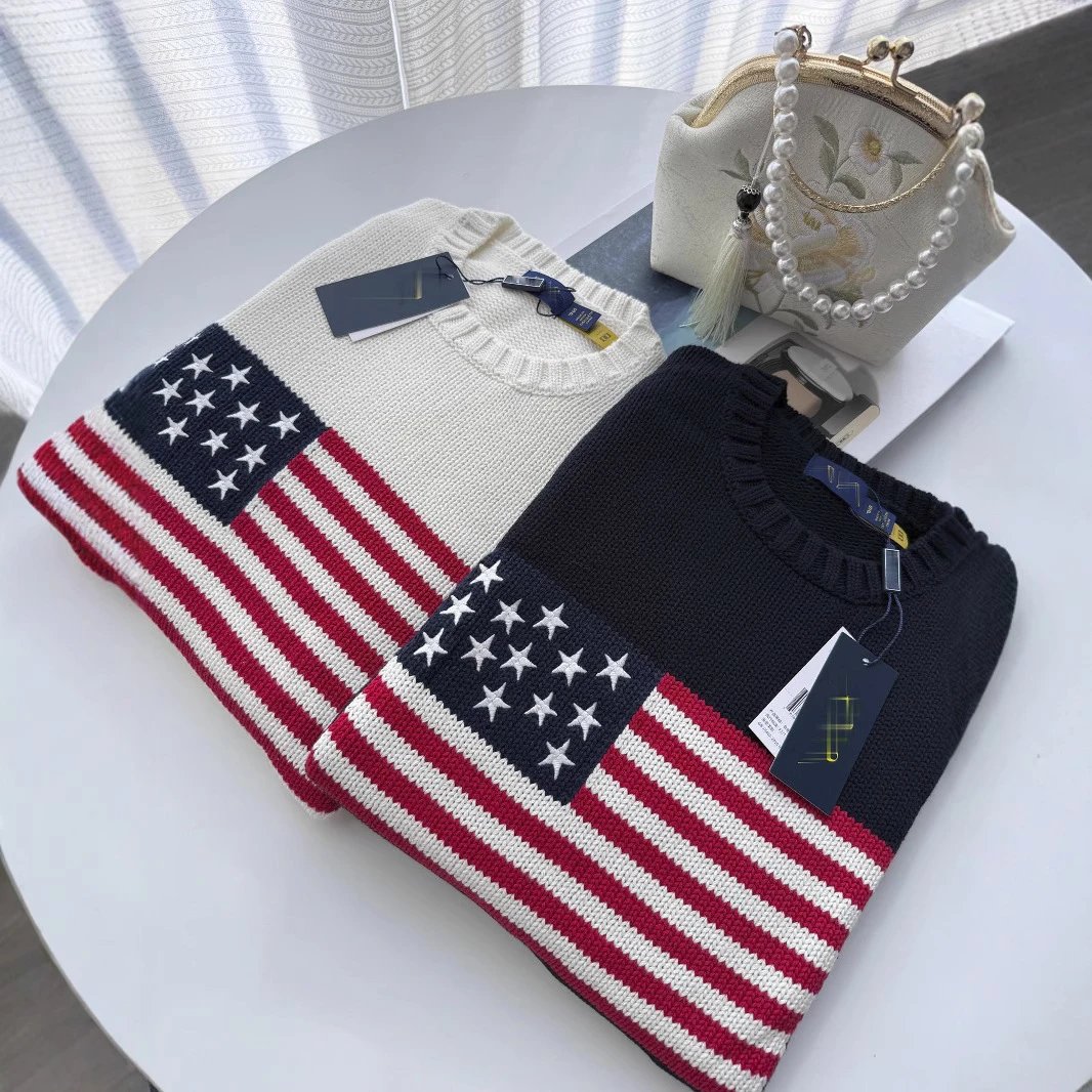 RL scannable autumn and winter new cotton heavy industry embroidery American flag round neck knitted sweater for men and women