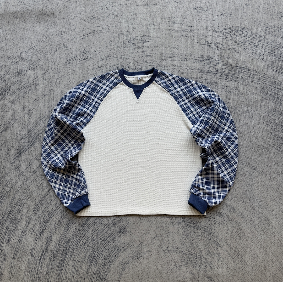 Fyredwrld Vintage Check Patchwork Waffle Long Sleeve “Dark Blue”