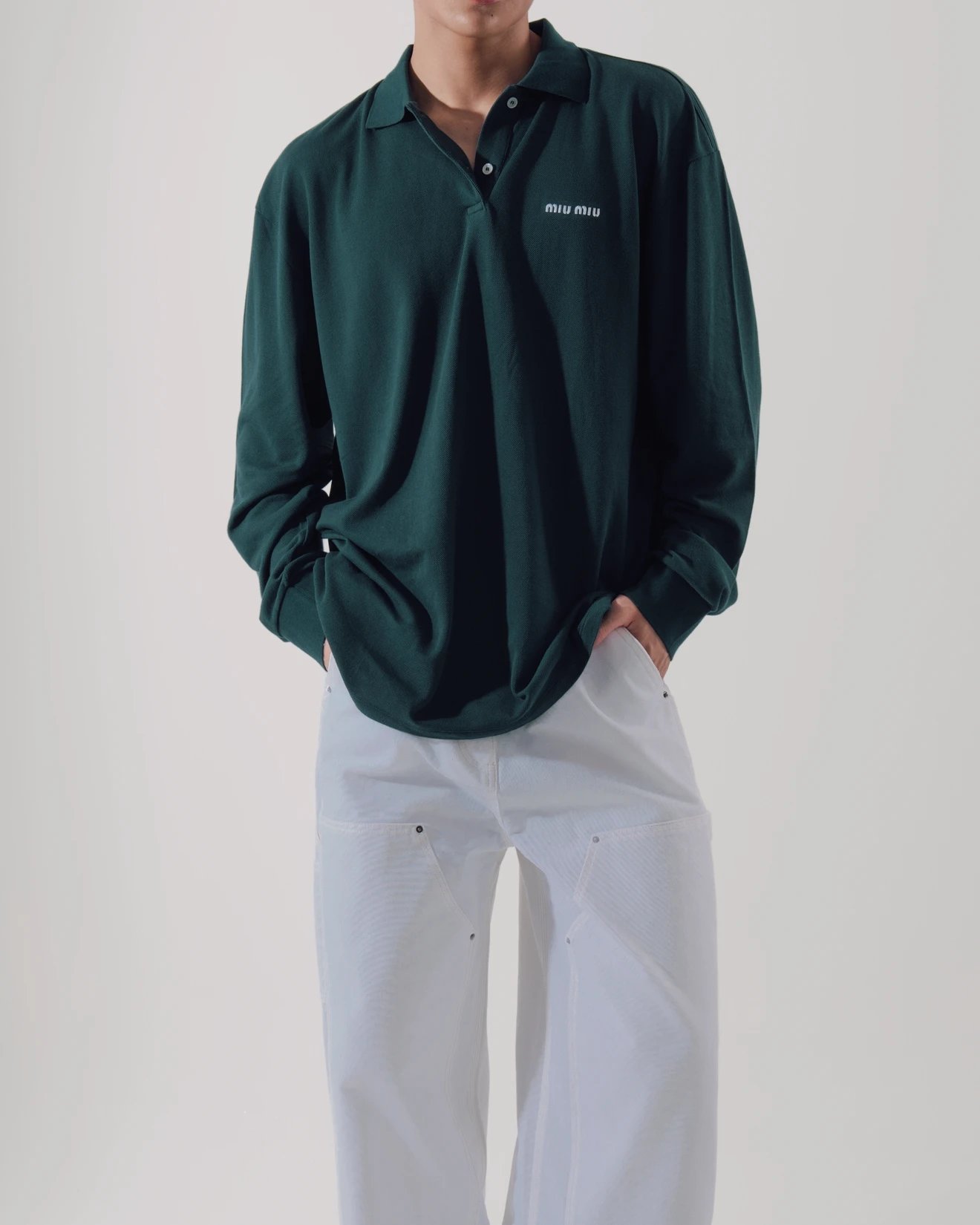 Produced by Cola – MIU style letter embroidered Pima cotton yarn lake green, brown beaded cloth lapel long sleeve shirt
