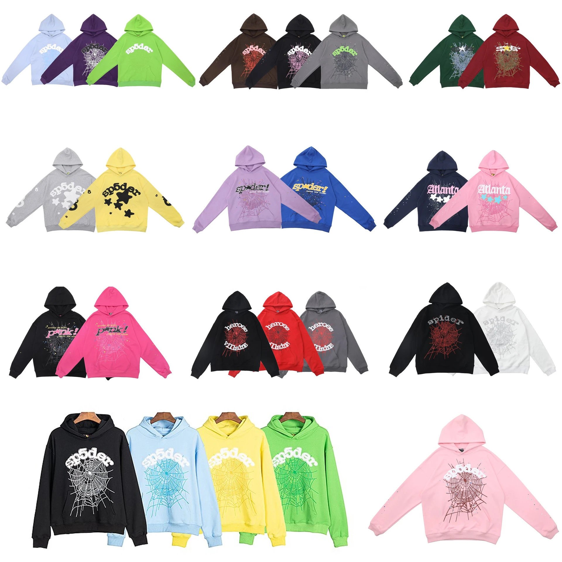High version European and American trendy brand SP5der spider web foam hip hop loose and heavy duty hooded sweatshirt for men and women