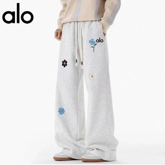 Alo Yogo American retro floral embroidery casual sweatpants men’s spring and autumn sports straight pants trendy heavy loose wide-leg pants