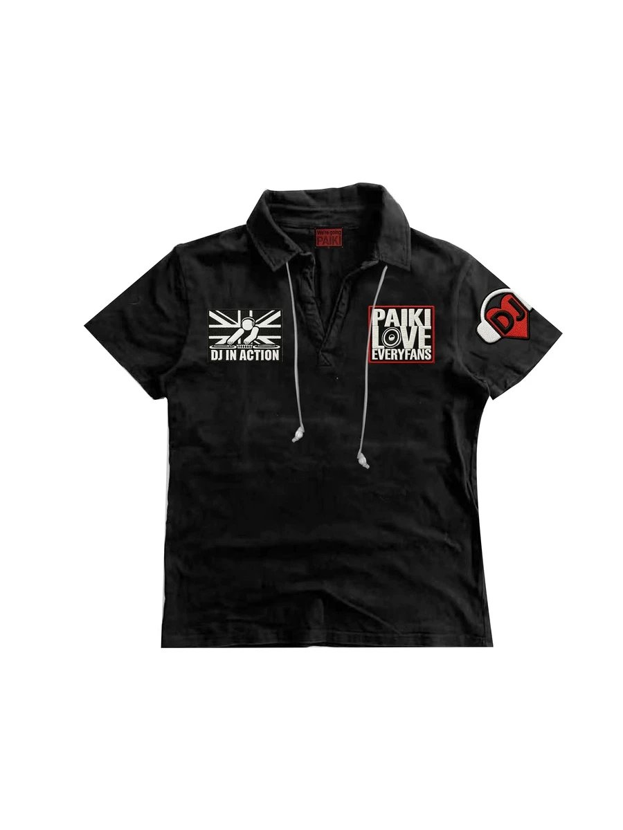 PAIKI DJ Love Flag Embroidered Beaded Cloth Headphones Pearl Shoulder Subculture Short Sleeve Polo Shirts for Men and Women