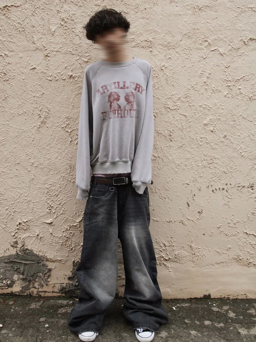 FROM THE STREET from the street American retro short wide gray autumn and winter short hem hoodie for men