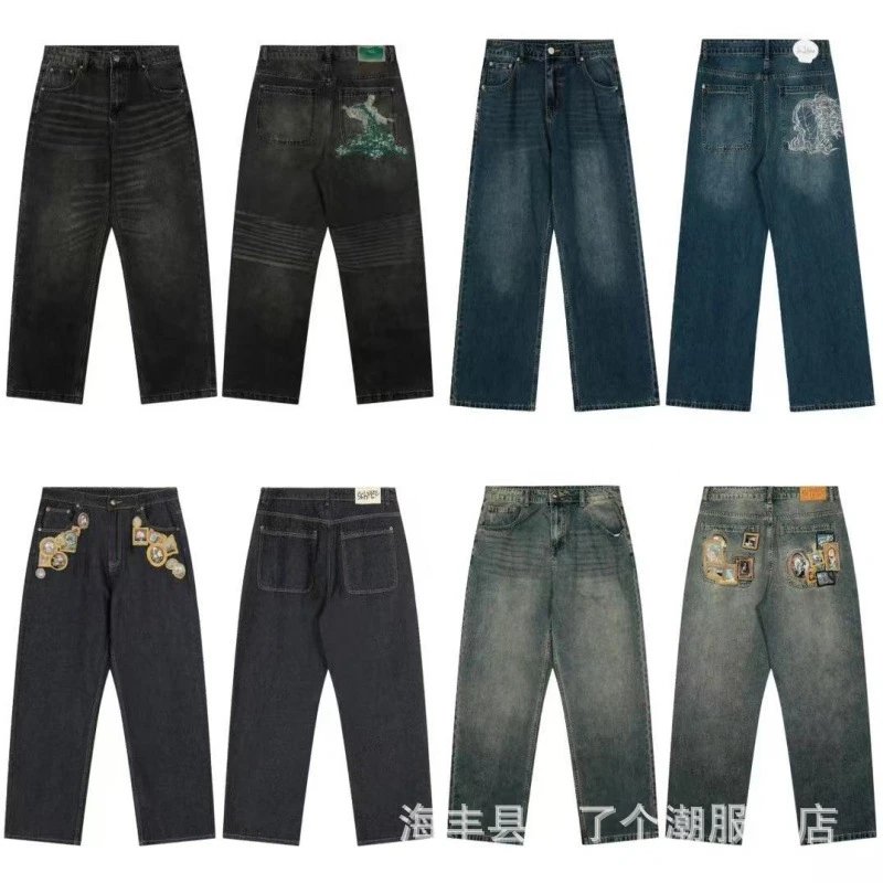 Cross-border trade brand new casual trousers cartoon plum blossom cherry blossom embroidery street loose wide-leg jeans trendy