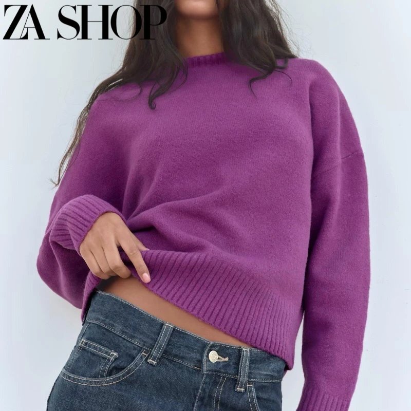 2024 New Autumn and Winter Women’s Clothing Simple and Versatile Soft Loose Sweater Long-Sleeved Round Neck Knitwear 2142168