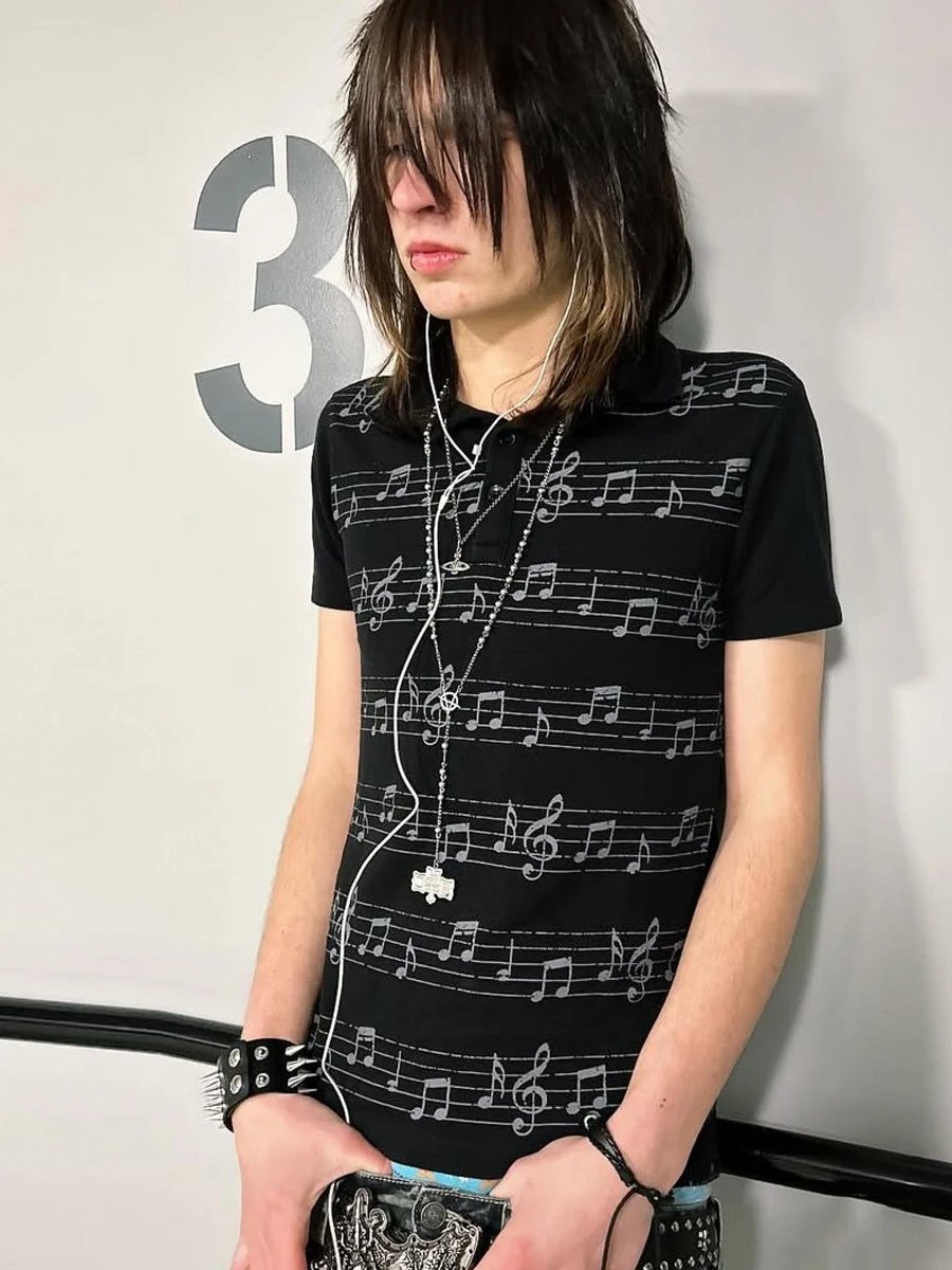 FROM THE STREET FROM THE STREET MUSIC SCORE SHOULDER SLIM LIGHTWEIGHT ASIAN SUMMER SHORT SLEEVE SHIRT