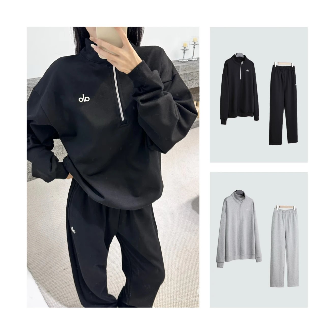 “Set” Early Autumn Relaxation Code #【ins运动风套装】非原标 ALO Silicone Letter Metal Silver Three-dimensional Print Logo Half Zipper Sweatshirt Straight Sweatpants Sports Suit for Men and Women