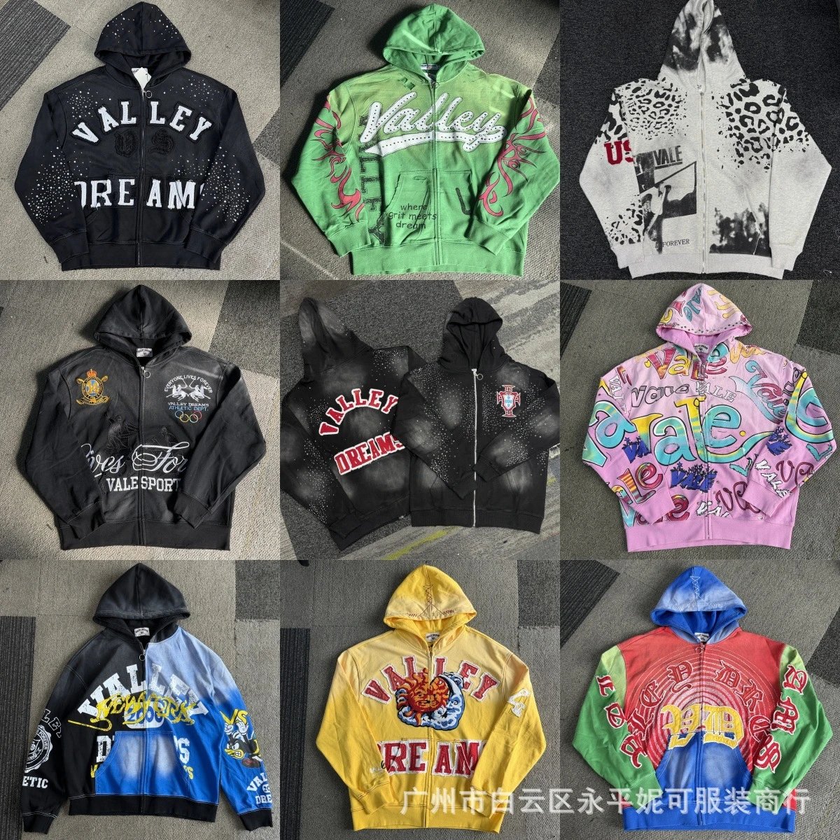 High quality European and American cross-border VALLEY Hoodie American hot diamond hooded zipper hoodie jacket sports pants