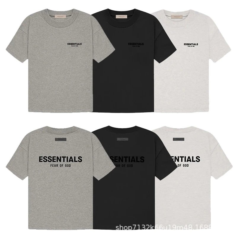 ESSENTIALS Double Line American Front and Back Letter Flocked Summer Miki High Street Cotton Short Sleeve T Shirt for Men and Women