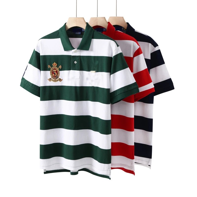 Summer new style men’s short sleeve polo shirt fashion striped short sleeve t-shirt men’s lapel embroidery big standard male T
