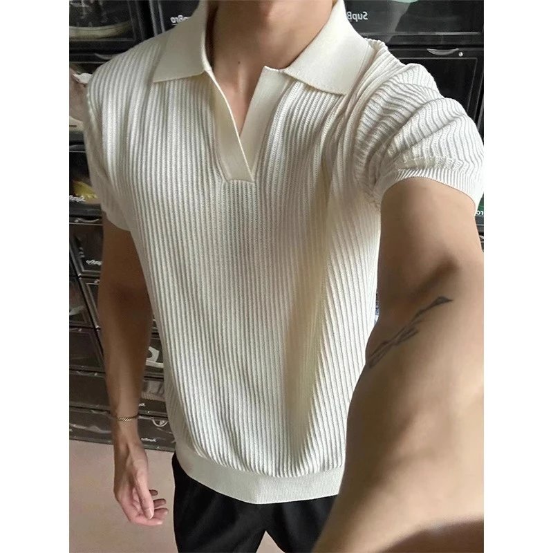 Old money style seagull v-neck knitted short sleeve men’s summer thin premium cuff polo shirt slim fit half sleeve