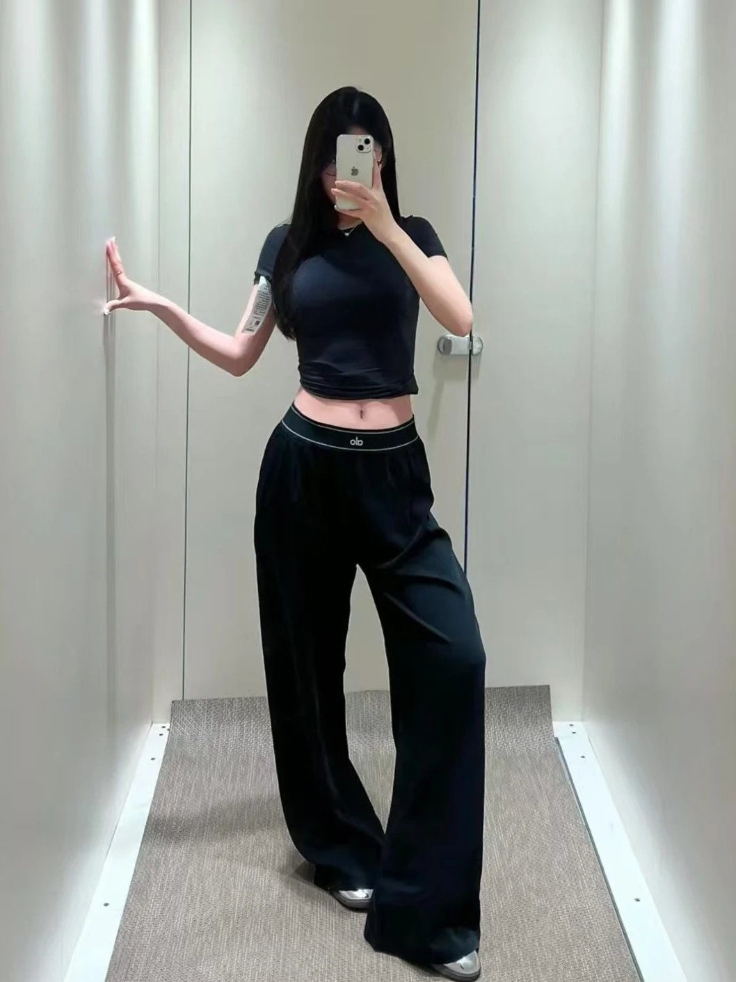 ALO popular style, loose fit, versatile, slim, straight-cut, quick-drying casual pants, women’s reflective lettering casual sports pants