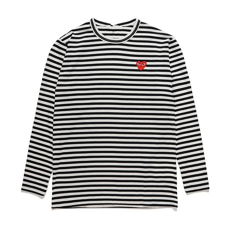 HSYPLAY Japanese trendy brand peach heart long sleeve round neck cotton men’s and women’s clothing couple style black striped red heart t-shirt