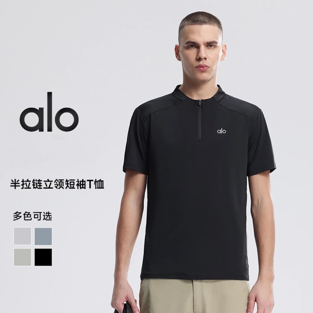 AloYoga Men’s Half Zip Short Sleeve New Summer Professional Sports Quick Dry Running Fitness Casual T-shirt Top