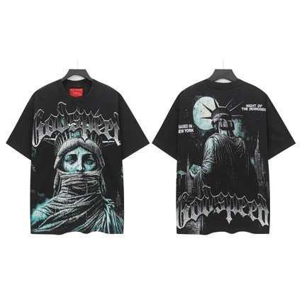 American GOD loose fit round neck t-shirt, printed, washed, distressed, short-sleeved, skull, Statue of Liberty, cross border, men’s and women’s