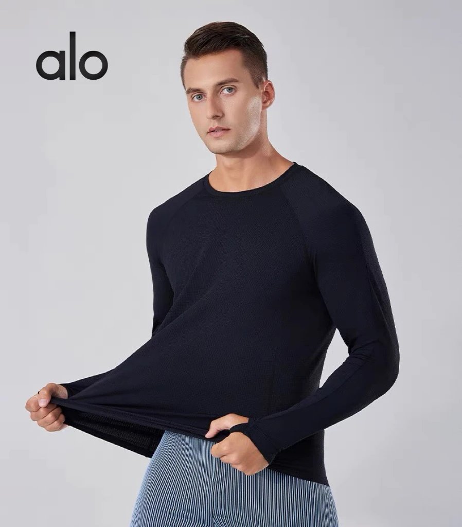 Alo Yoga new men’s sports fitness running quick-drying t-shirt ice silk round neck breathable training outdoor leisure long sleeve