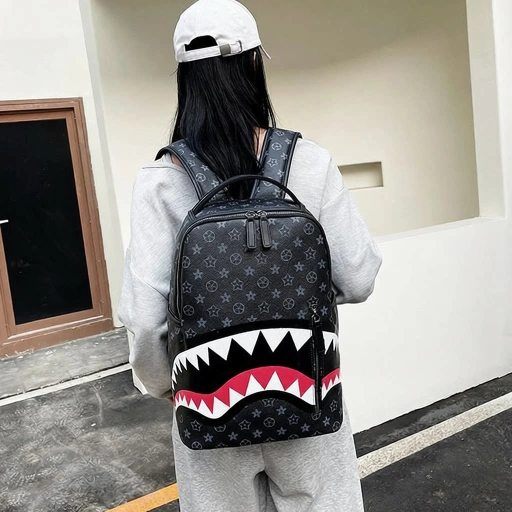 Men’s backpack, travel bag, fashion plaid backpack, student bag, large capacity, shark bag, street trend, male