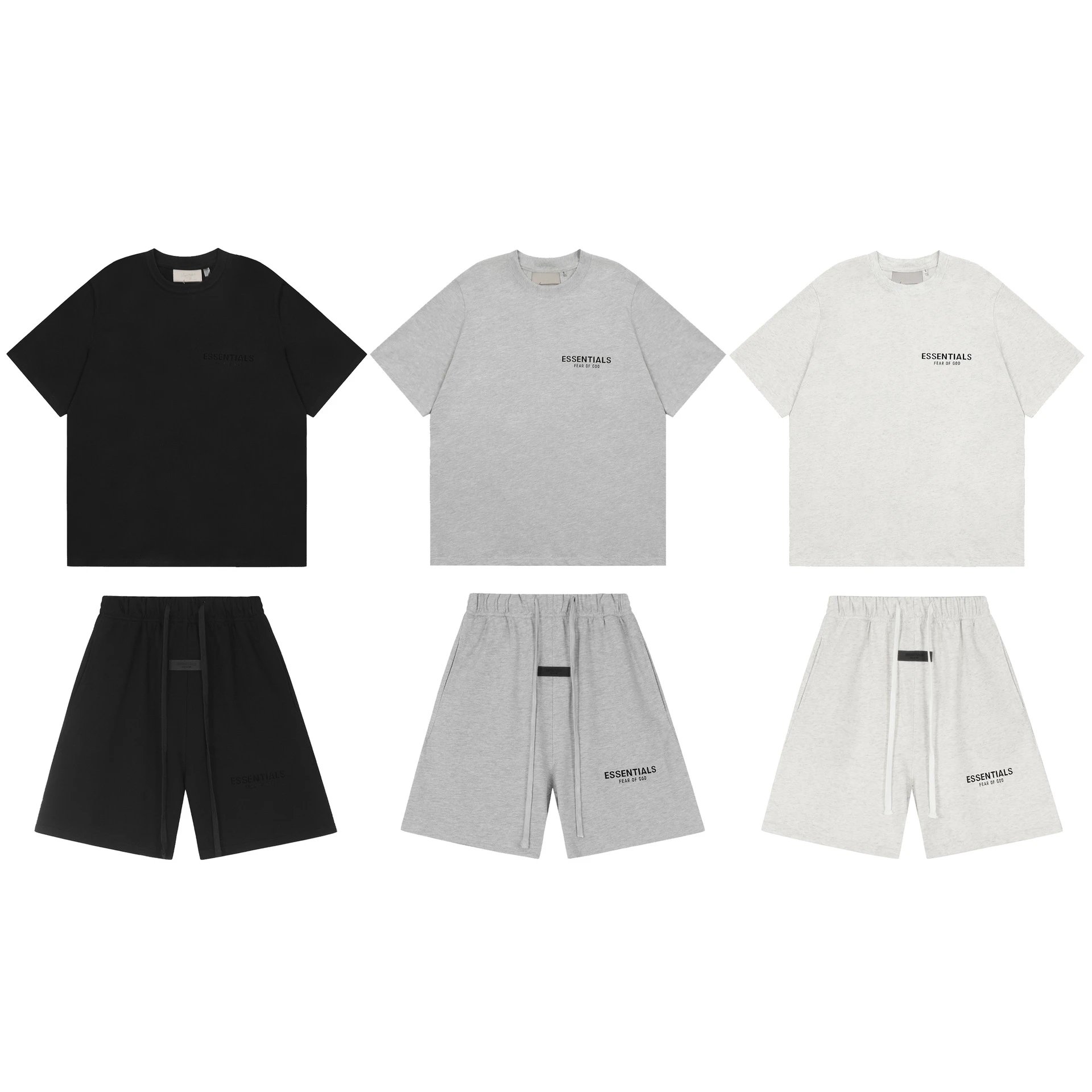 ESSENTIALS double line front and back letter flocked summer cotton FOG short sleeve shorts set FEAR OF GOD