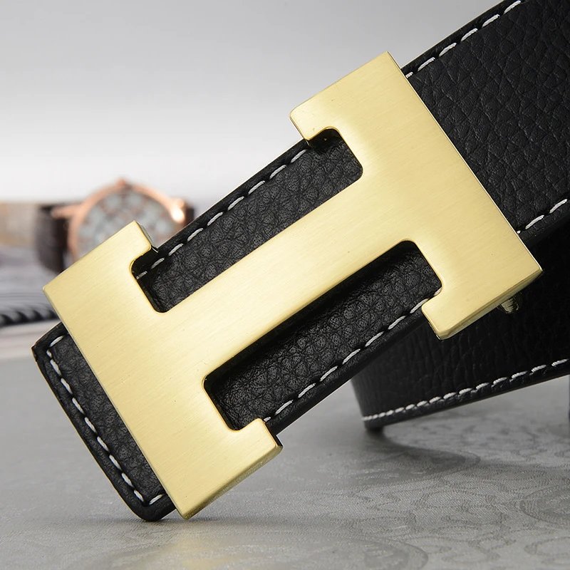 New leather belt, men’s lychee pattern, smooth buckle, H buckle, fashion, casual and versatile middle-aged youth pants belt