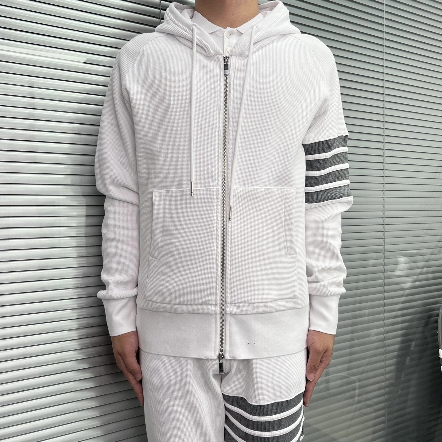 Trendy TB New Style Men’s Premium Casual Versatile Striped Waffle Four-Bar Zip Hooded Jacket