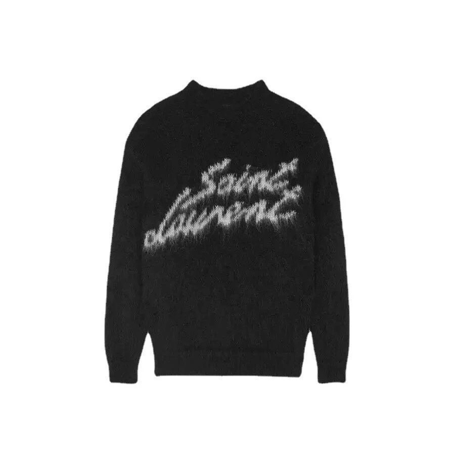2026 winter new signature letter loose soft sticky mohair black sweater lazy style sweater top for men and women