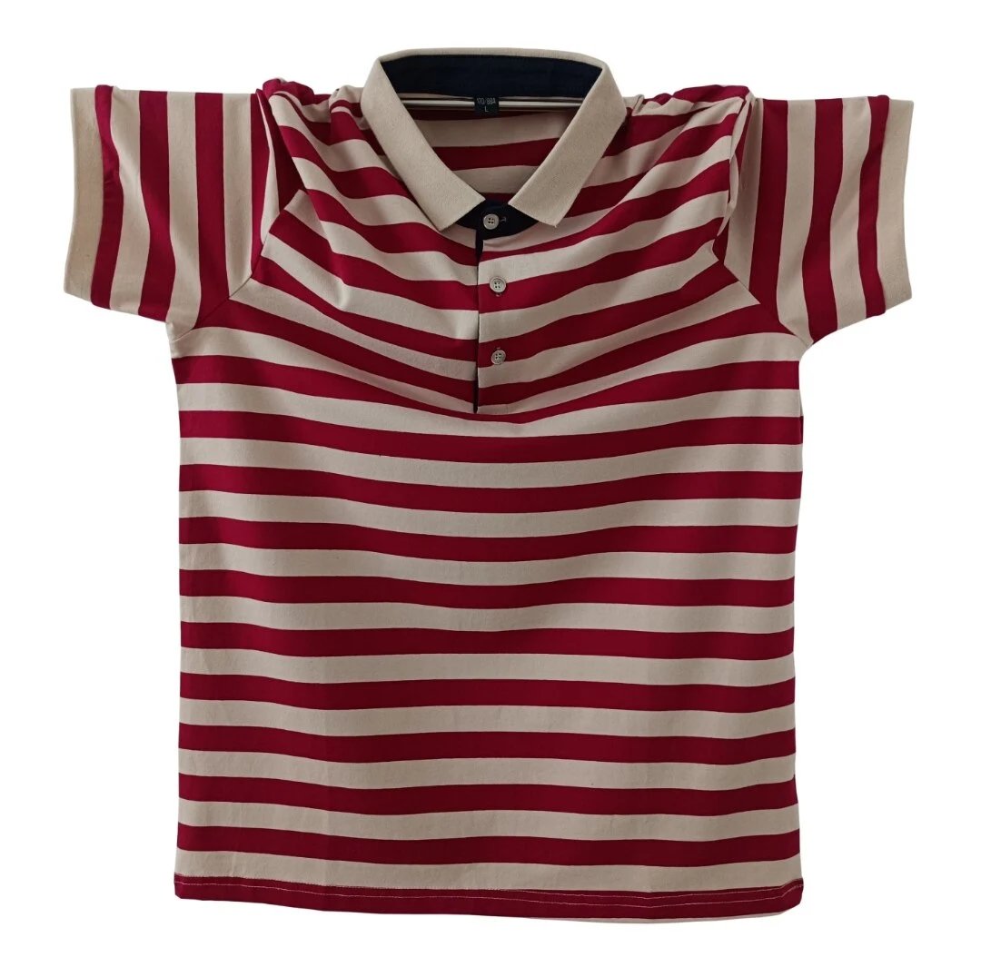 Summer lapel 95% cotton striped t-shirt business casual men’s plus size short sleeve t-shirt loose trendy clothes