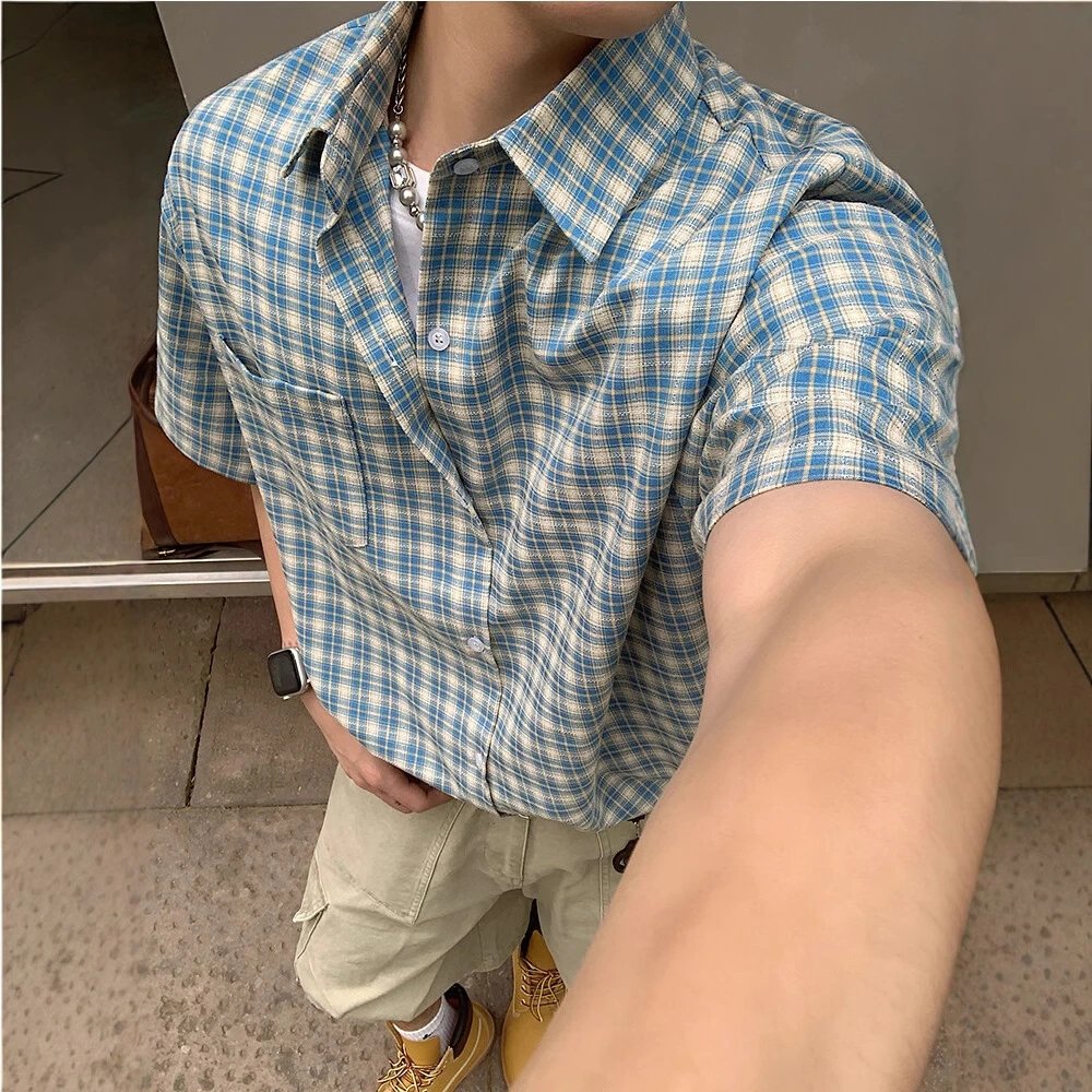 American retro short sleeve plaid shirt for men, summer, clean and sunny, loose, half-sleeved shirt top for boys