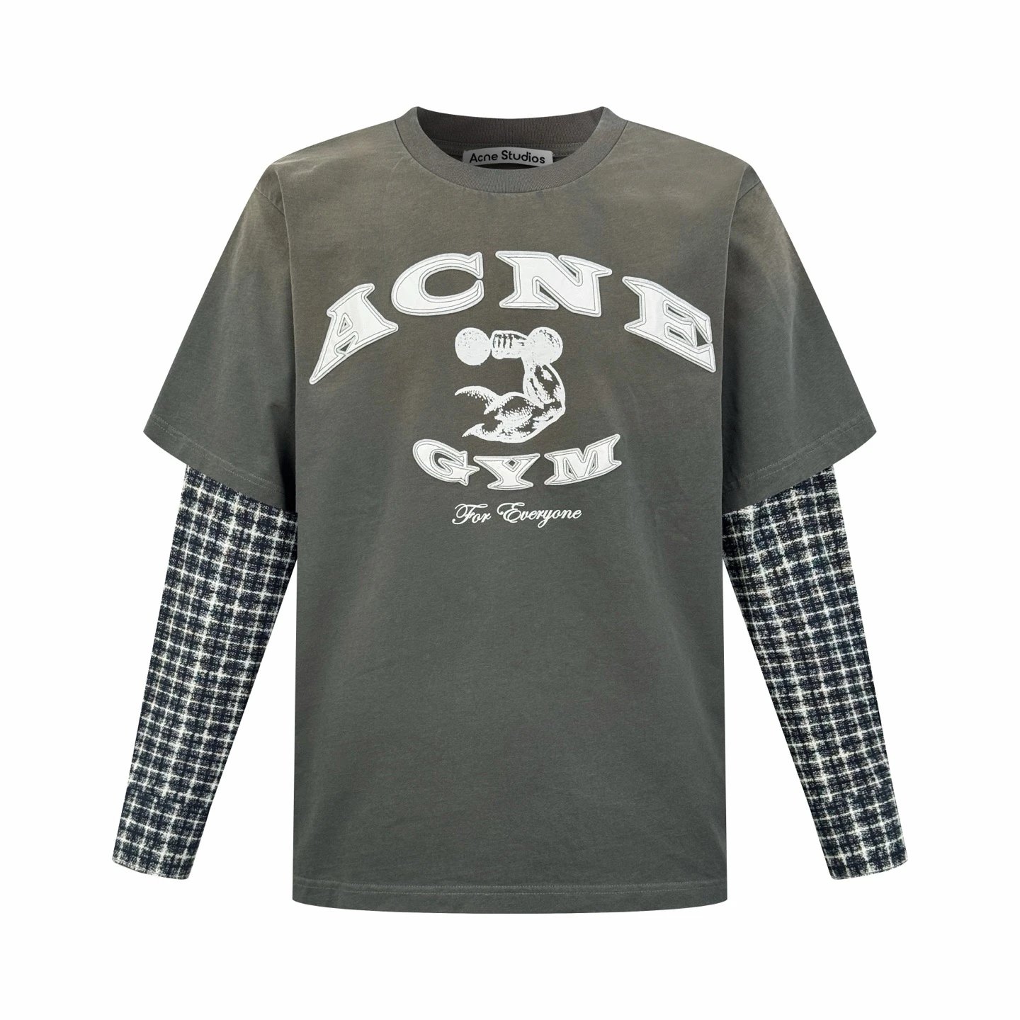 main_orig_99-4 (In Stock) Autonomous Acne25fw New Olive Green Micro Print Long Sleeve T Shirt Plaid Patchwork Fake Two Piece Long Sleeve T Shirt Bicolor In Stock