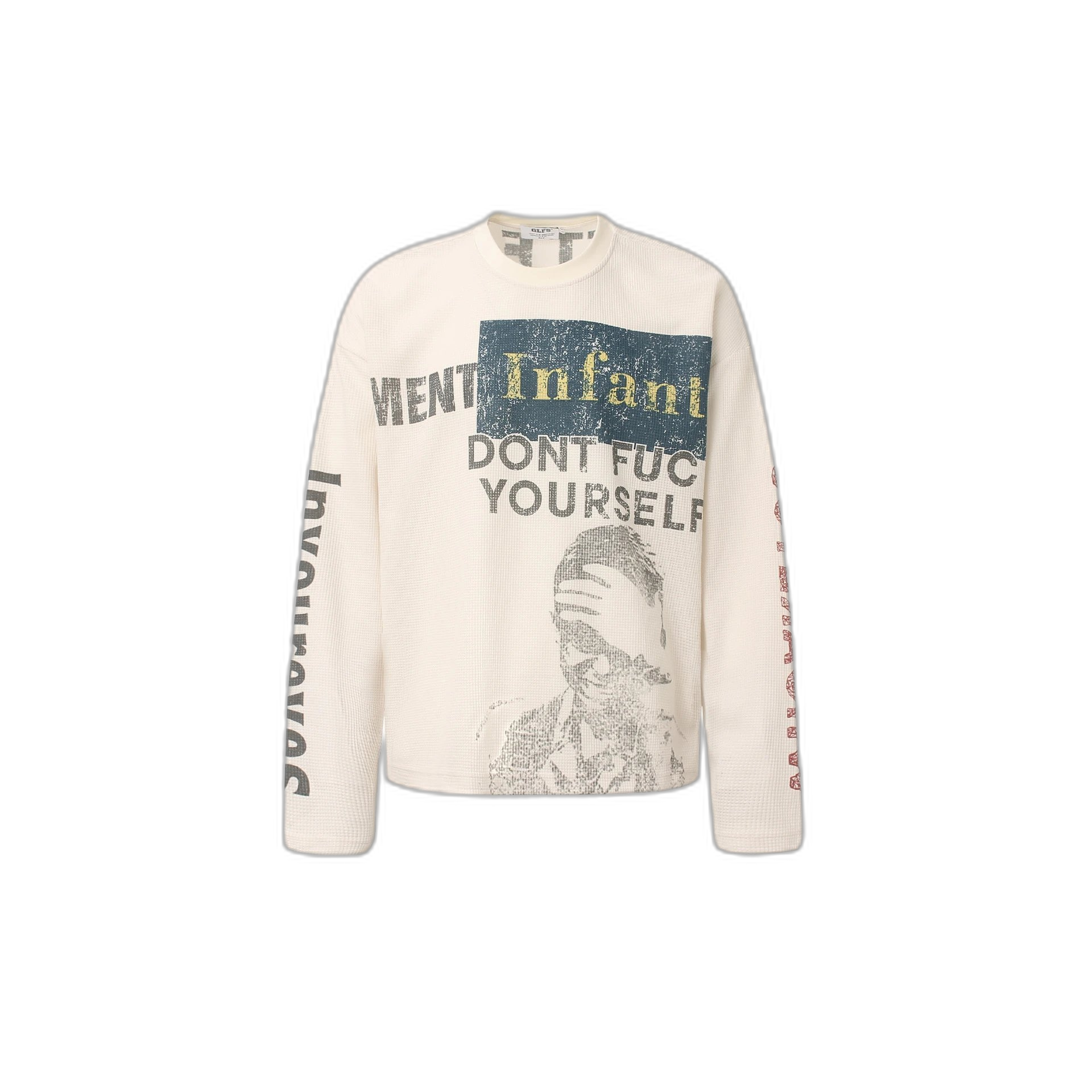 JW325 American retro street fashion men’s and women’s style character pattern design men’s waffle long sleeve t-shirt beige cotton