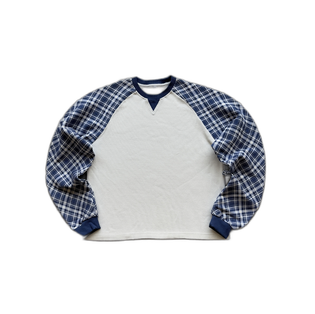 Fyredwrld Vintage Check Patchwork Waffle Long Sleeve “Dark Blue”