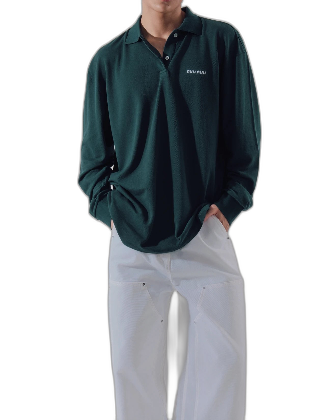 Produced by Cola – MIU style letter embroidered Pima cotton yarn lake green, brown beaded cloth lapel long sleeve shirt