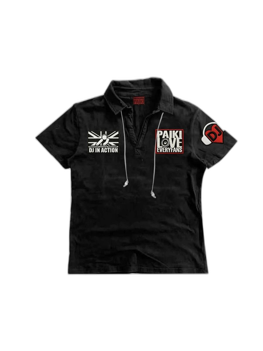 PAIKI DJ Love Flag Embroidered Beaded Cloth Headphones Pearl Shoulder Subculture Short Sleeve Polo Shirts for Men and Women