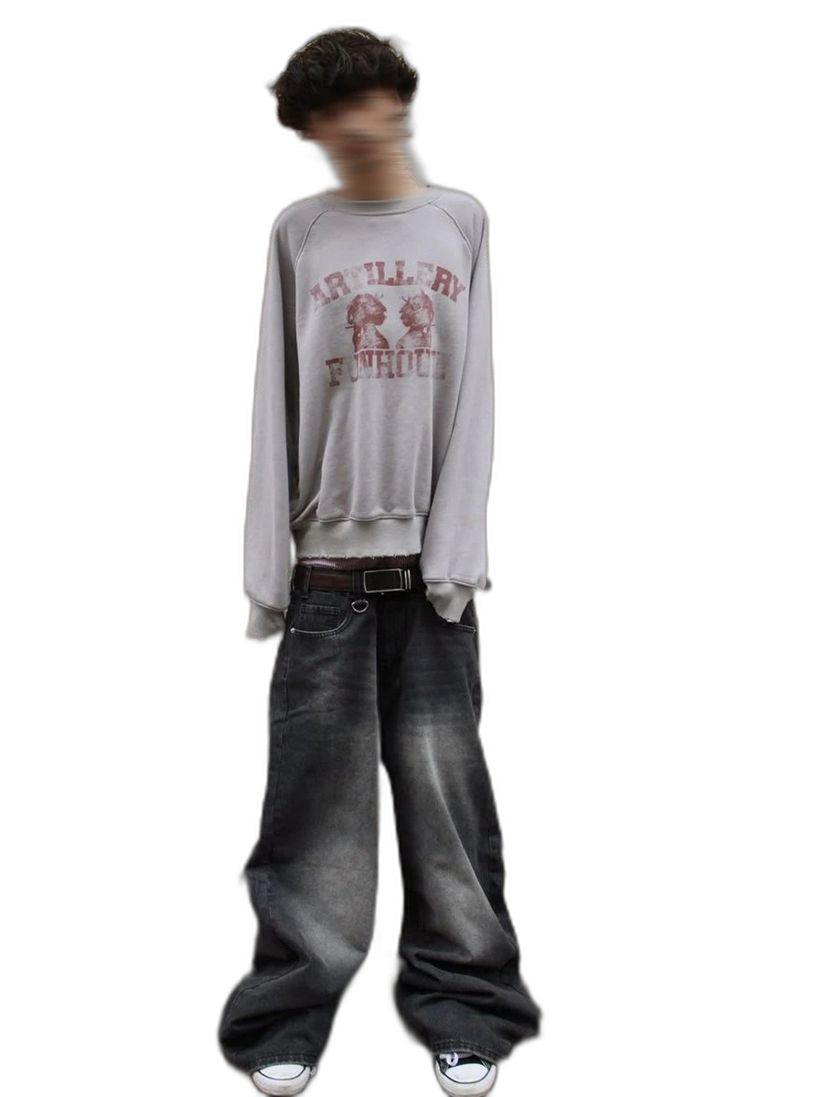 FROM THE STREET from the street American retro short wide gray autumn and winter short hem hoodie for men