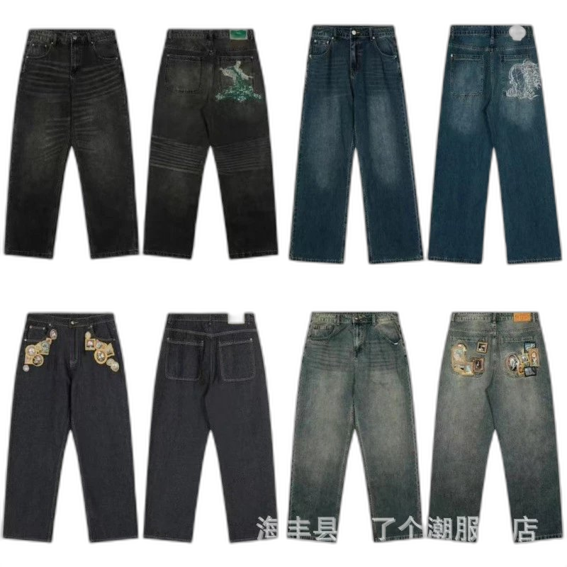 Cross-border trade brand new casual trousers cartoon plum blossom cherry blossom embroidery street loose wide-leg jeans trendy