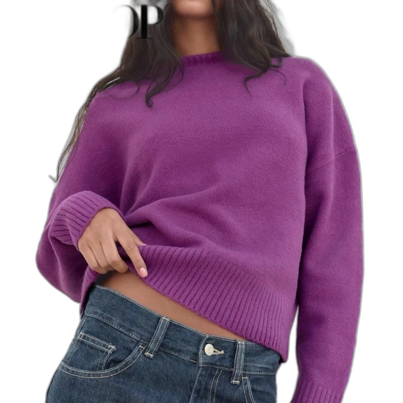 2024 New Autumn and Winter Women’s Clothing Simple and Versatile Soft Loose Sweater Long-Sleeved Round Neck Knitwear 2142168
