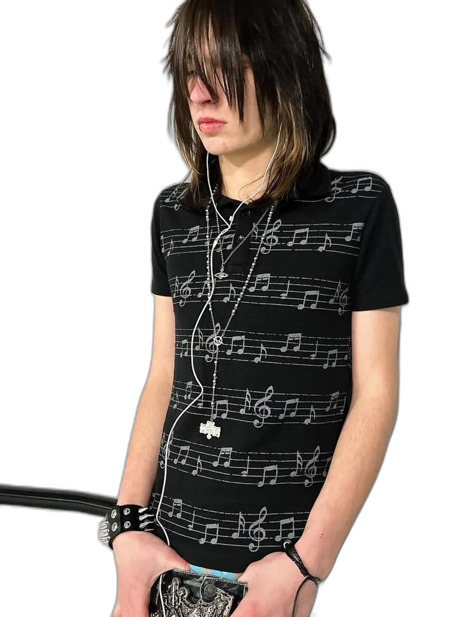 FROM THE STREET FROM THE STREET MUSIC SCORE SHOULDER SLIM LIGHTWEIGHT ASIAN SUMMER SHORT SLEEVE SHIRT