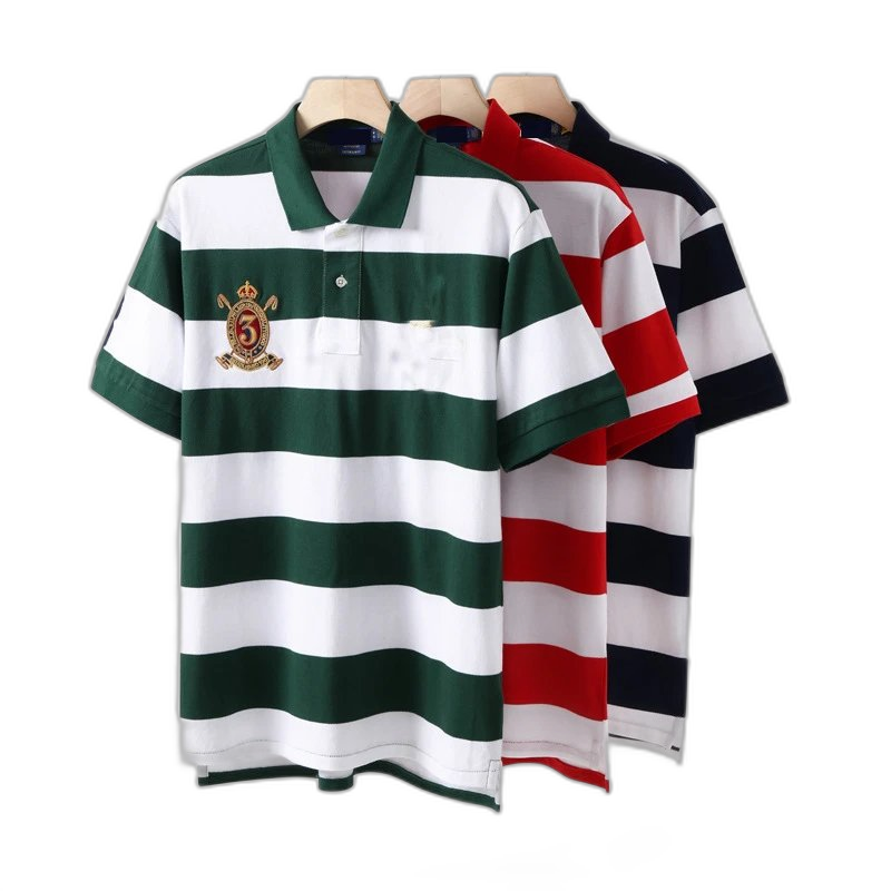 Summer new style men’s short sleeve polo shirt fashion striped short sleeve t-shirt men’s lapel embroidery big standard male T