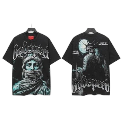 American GOD loose fit round neck t-shirt, printed, washed, distressed, short-sleeved, skull, Statue of Liberty, cross border, men’s and women’s